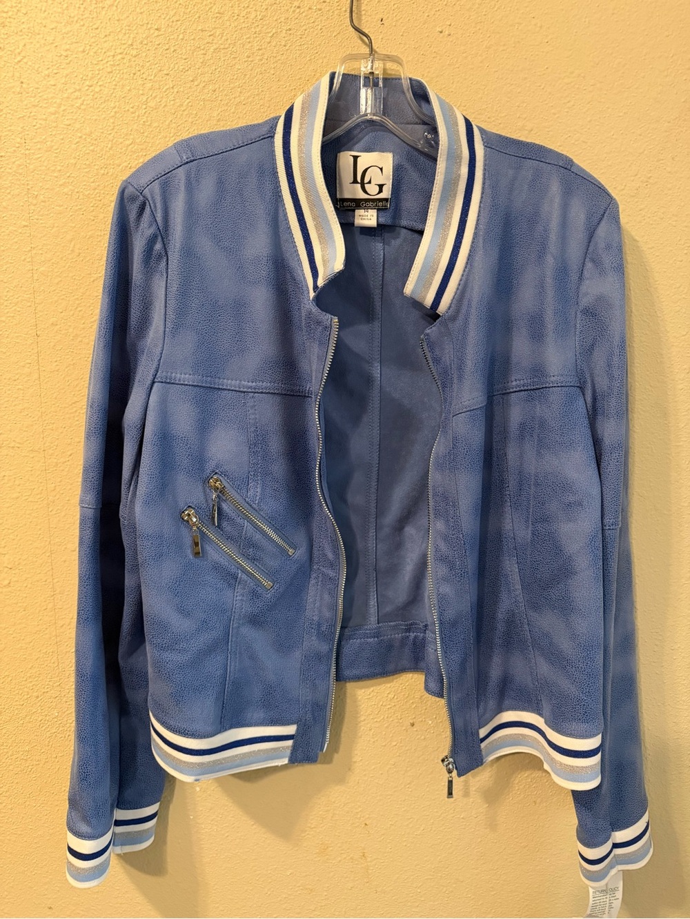 Lena Gabrielle Light Blue Bomber with Striped Trim
